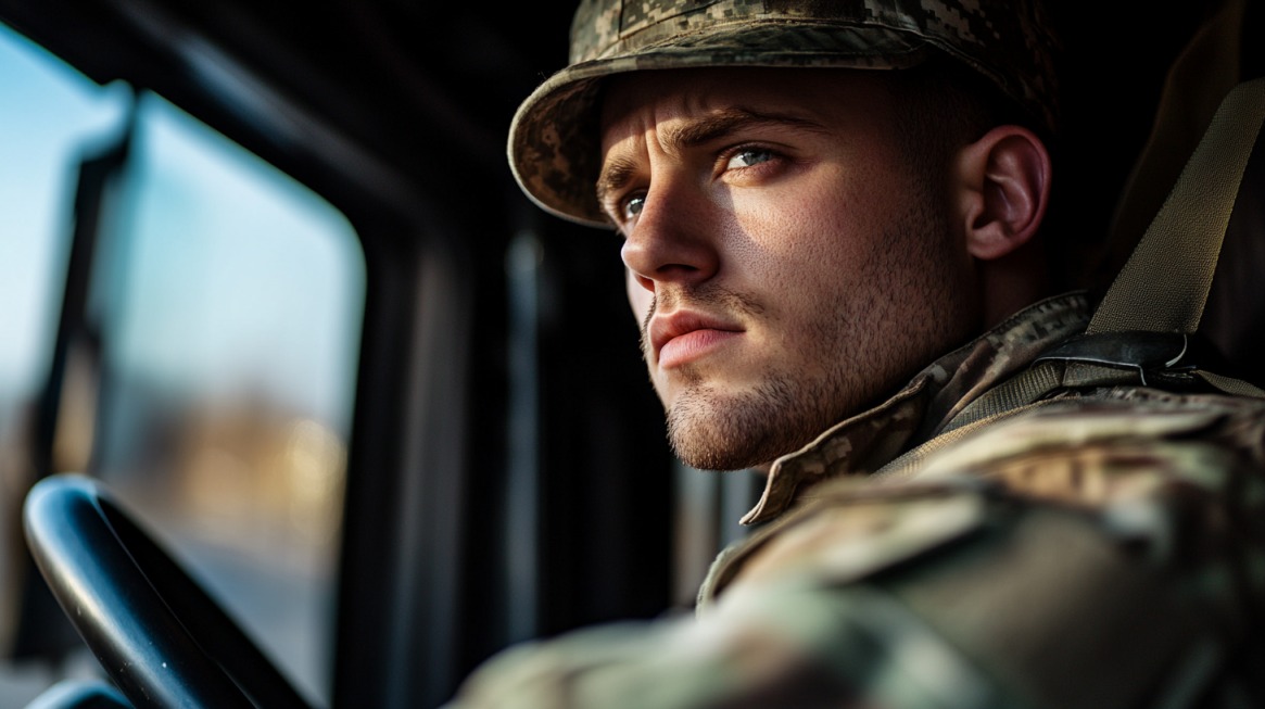 A young military driver in uniform, sitting in a vehicle, looking intently ahead with a determined expression