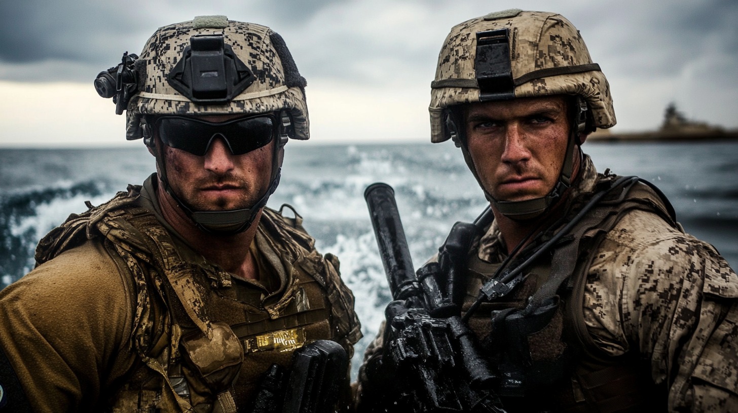 Two heavily armed special forces soldiers in tactical gear standing in front of rough ocean waters, looking intensely ahead with a military ship in the background