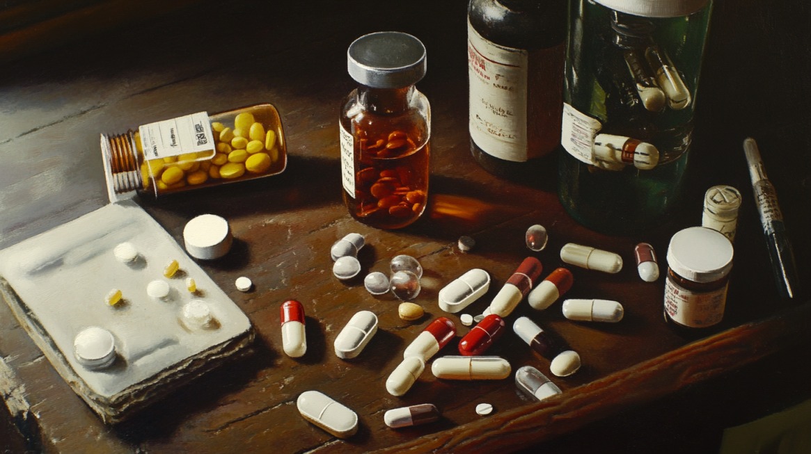 Various prescription pill bottles and scattered capsules on a wooden table, symbolizing medication and substance use