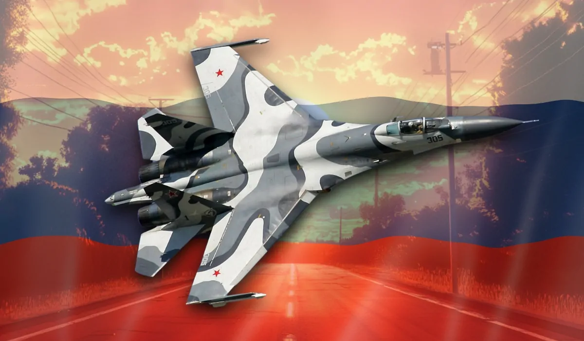 "A Russian Sukhoi Su-27 Flanker fighter jet with a camouflage paint scheme, flying over a background featuring the Russian flag