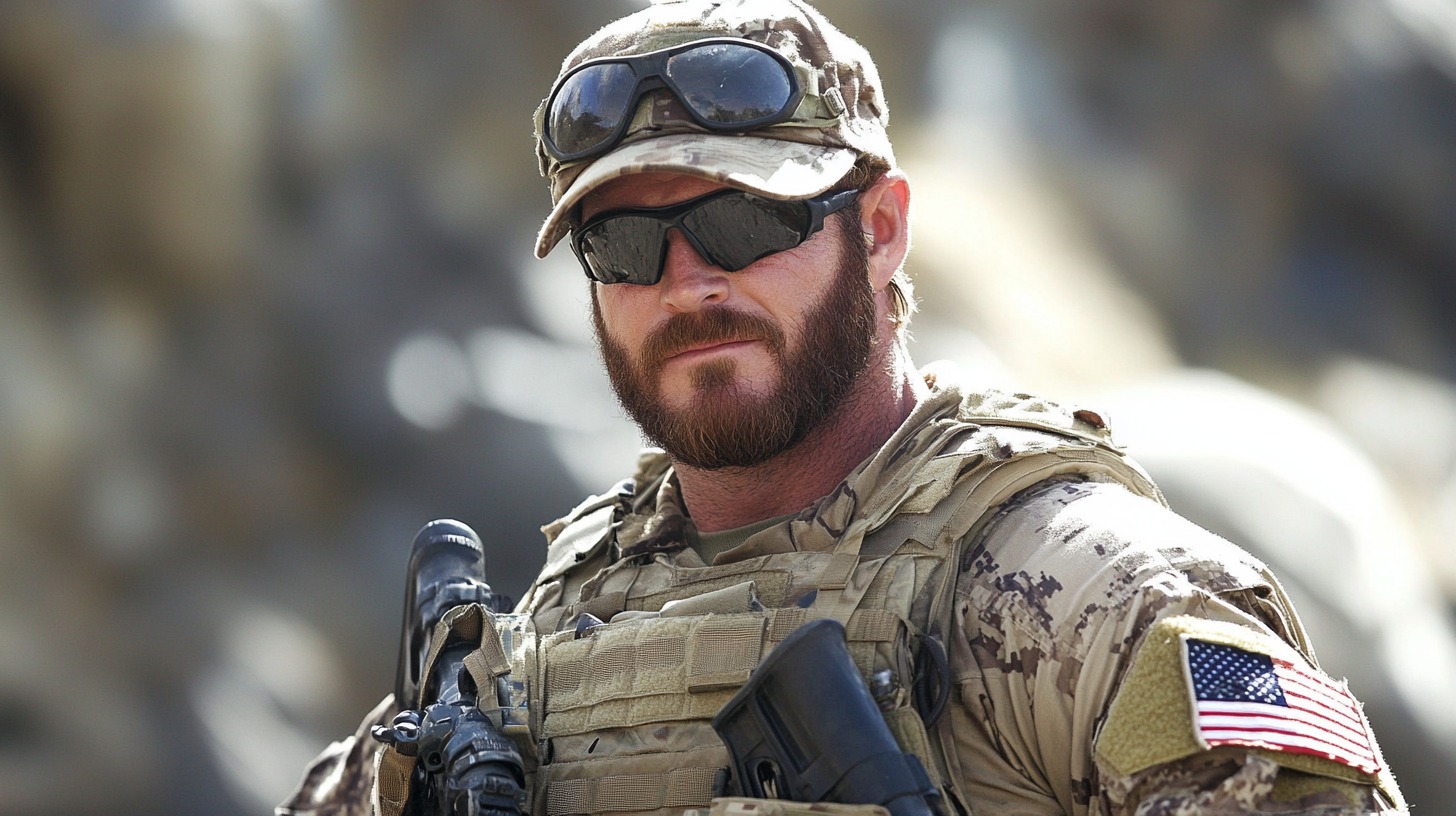 A bearded soldier in desert camouflage, wearing tactical gear and sunglasses, standing in a rugged environment with a determined expression