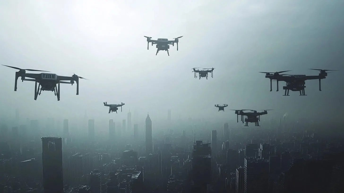 A swarm of military drones flying over a foggy city skyline, symbolizing the future of warfare and advanced surveillance technology