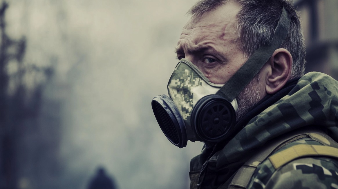 A military veteran wearing a camouflage gas mask and uniform stands in a smoky, hazardous environment, looking back over his shoulder