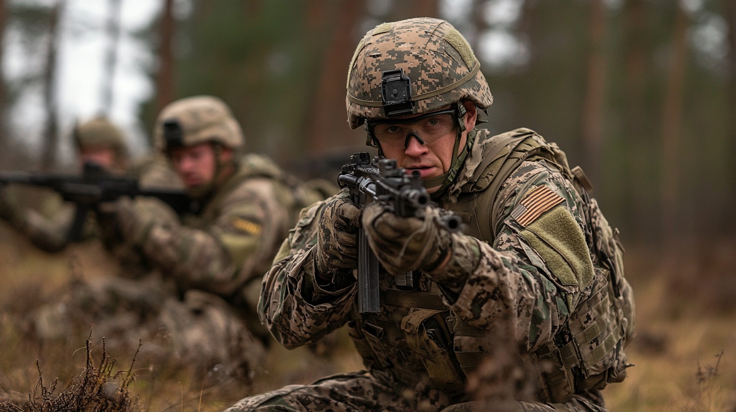 Soldiers in camouflage gear aiming rifles during a military training exercise in a forest