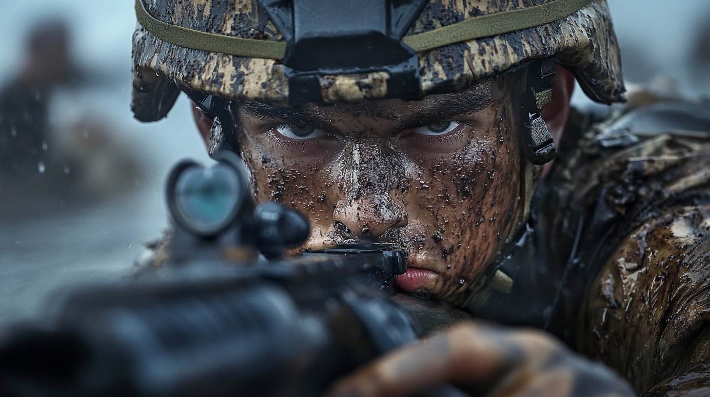 A mud-covered soldier in full combat gear aiming through the scope of his rifle, with an intense focus in his eyes