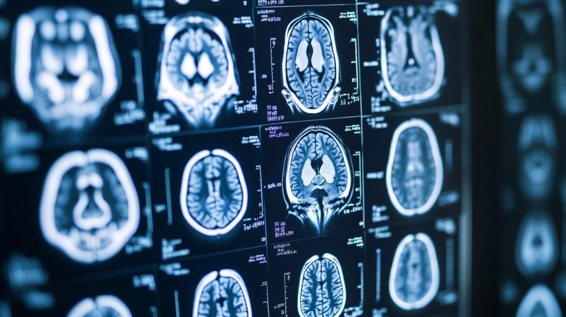 MRI brain scan images showing cross-sections of the brain, representing traumatic brain injury diagnosis