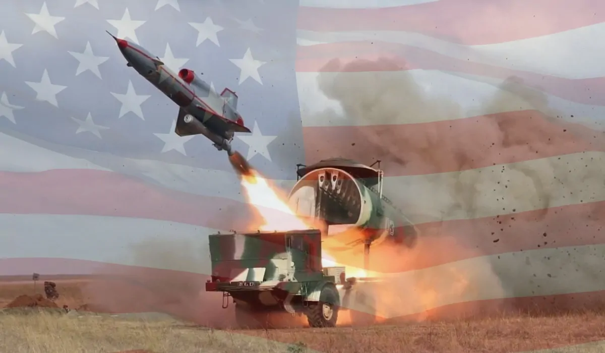 A military drone being launched from a ground-based system, with an American flag overlay in the background