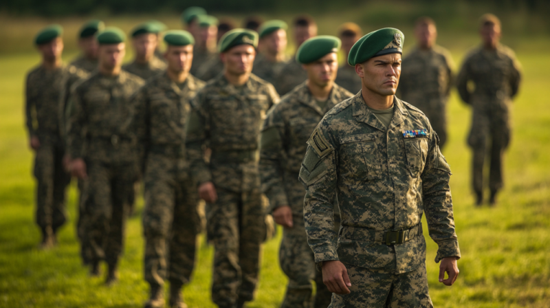 A Group of Military Personnel in Camouflage Uniforms and Green Berets Marching in Formation on A Grassy Field