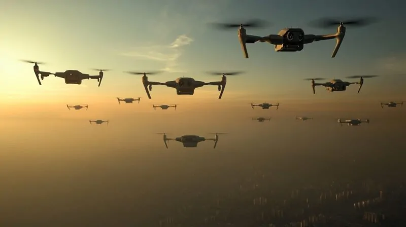 A fleet of drones flying in formation over a hazy city skyline at sunset, representing advanced military or surveillance technology