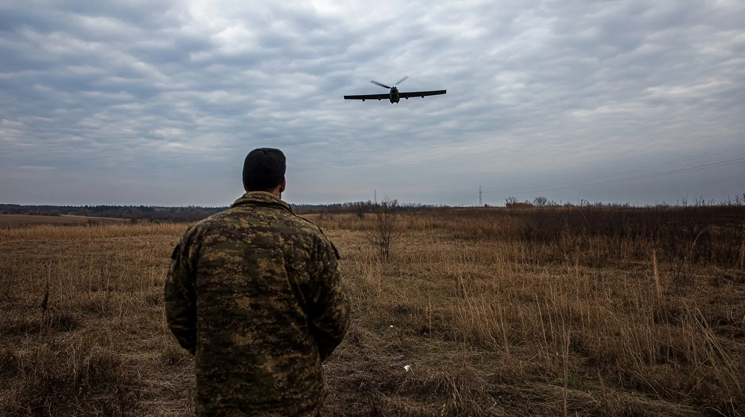 A soldier in camouflage observes a drone flying over an open field under a cloudy sky.