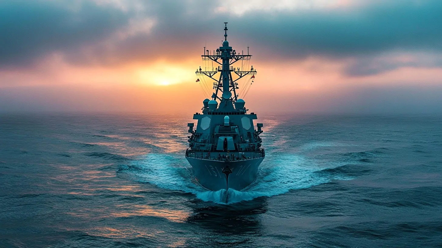 A navy warship sailing forward on open waters with a dramatic sunrise in the background