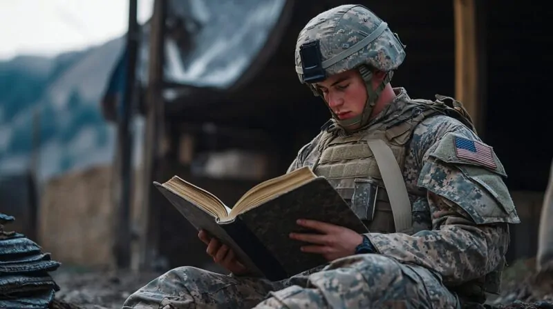 A soldier in full military gear sits on the ground, deeply engaged in reading a large book, with a rugged outdoor environment in the background