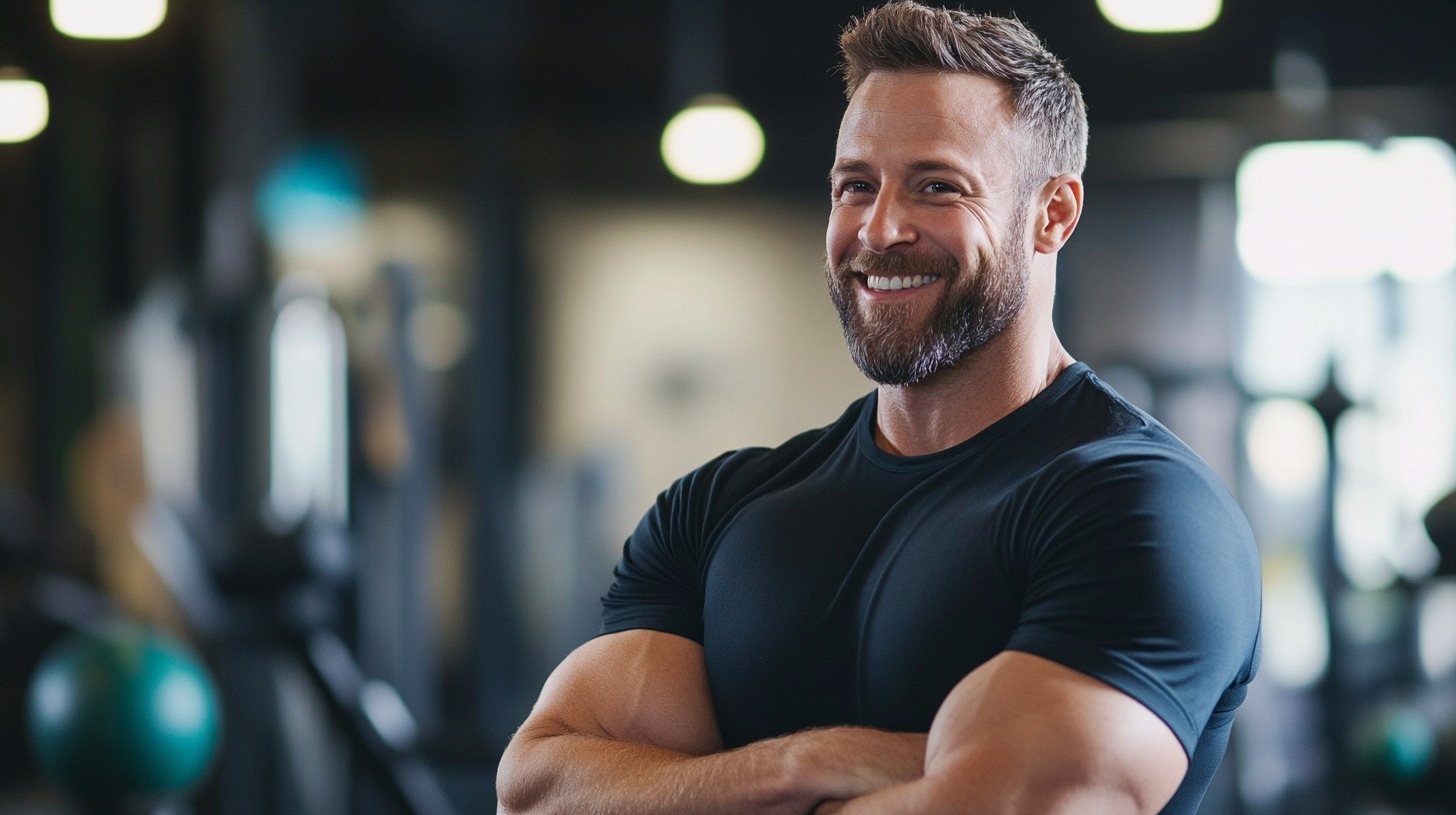 A muscular man in a black shirt smiles confidently in a gym, with workout equipment in the background