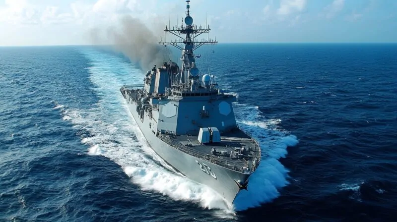 A U.S. Navy warship moving through the ocean, leaving a trail of white waves behind it