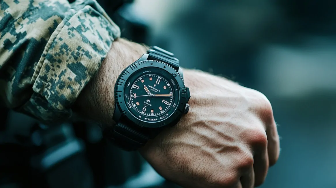 Close-up of a military-style black tactical watch on a soldier’s wrist, wearing a camouflage uniform