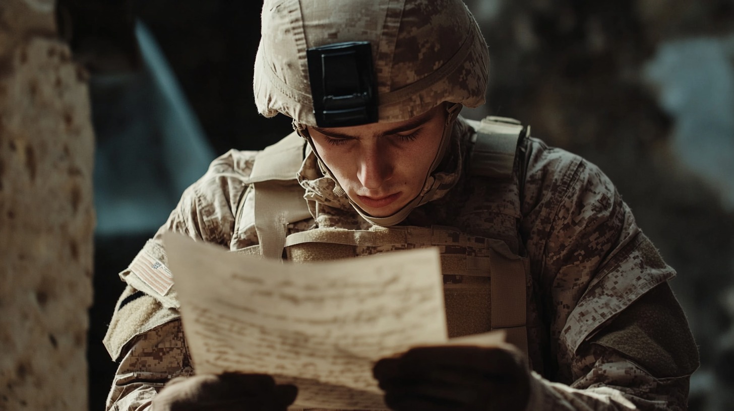 A soldier in full military gear intently reads a handwritten letter, with a solemn expression, in a dimly lit setting